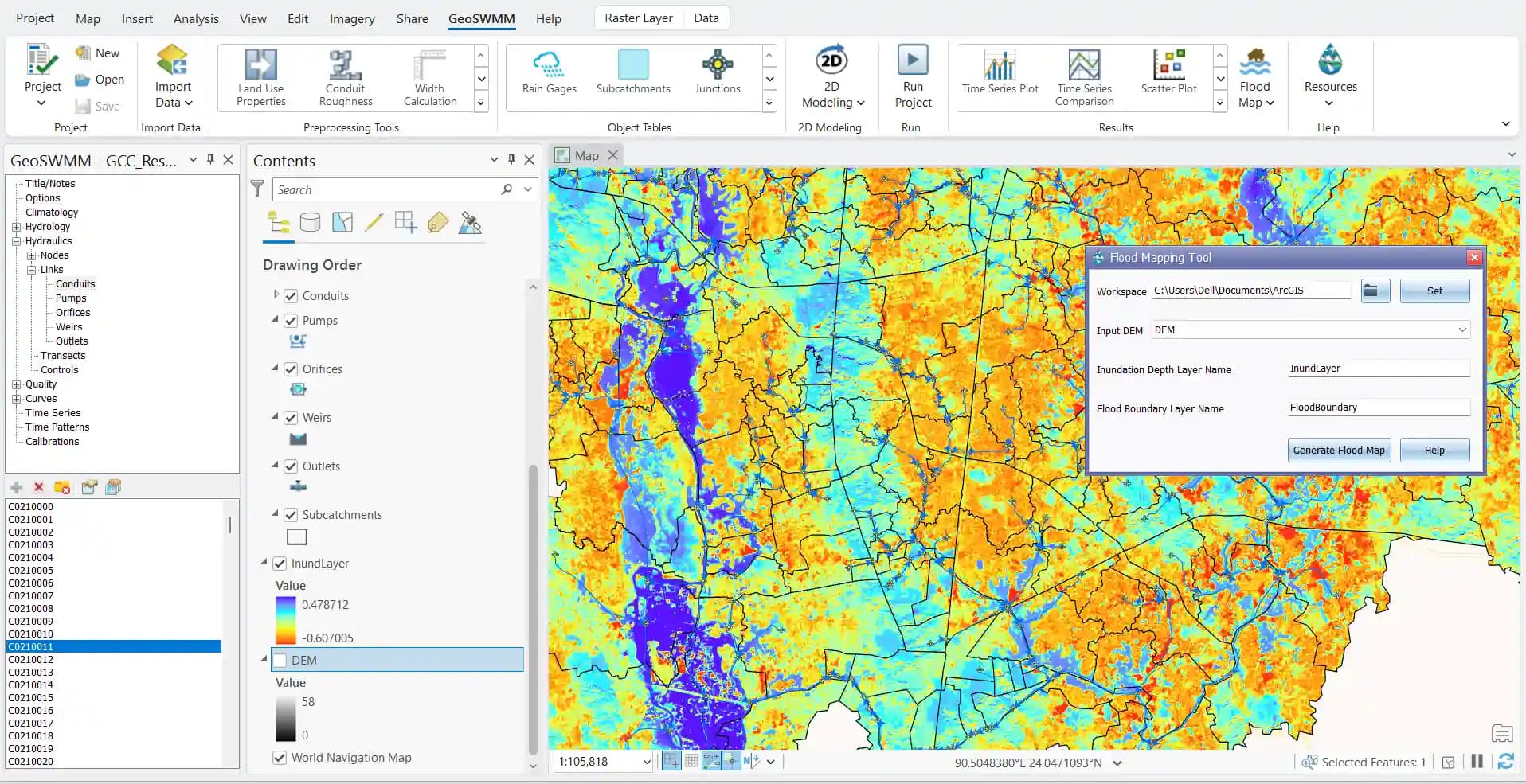 Flood mapping interface showing depth and extent visualization