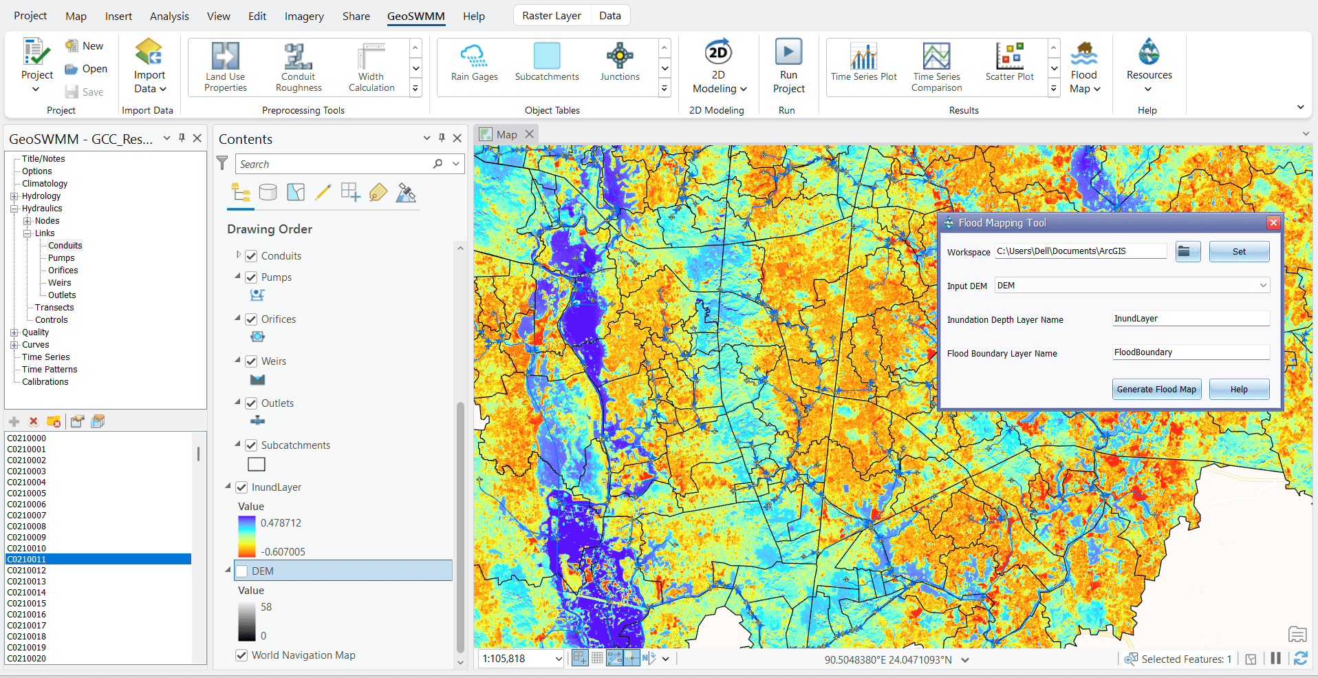 Flood mapping interface showing depth and extent visualization