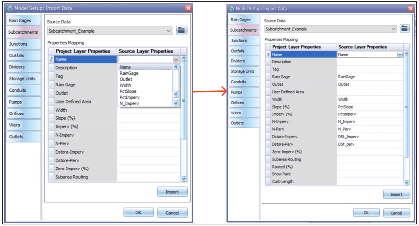 Fig 62: Attribute mapping windows in GeoSWMM