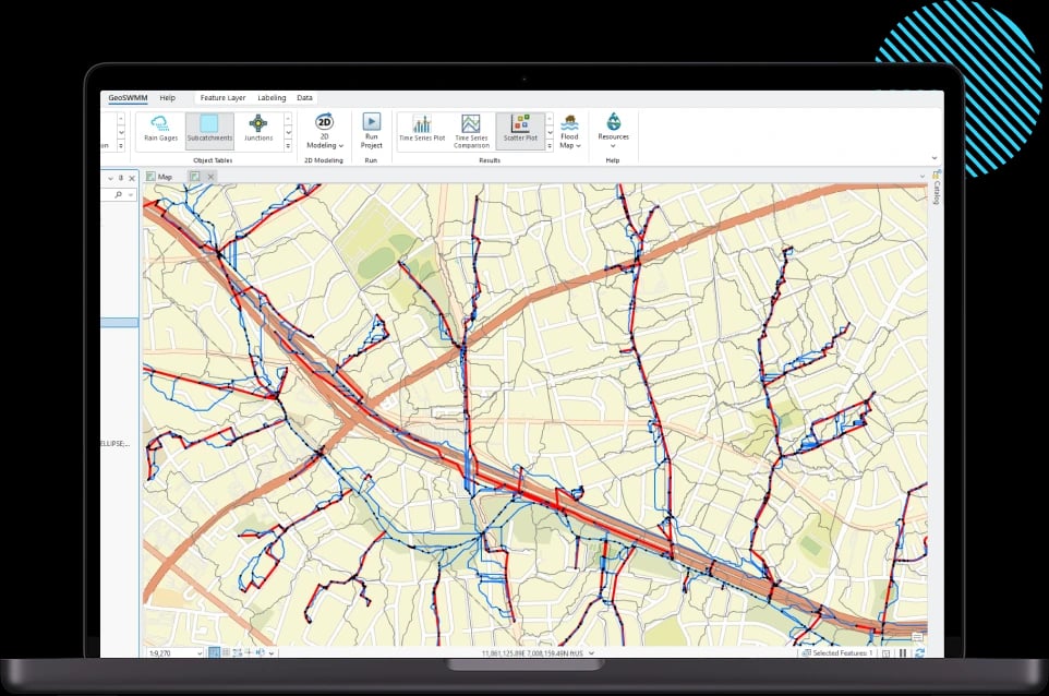 GeoSWMM software interface used for stormwater management and flood analysis in ArcGIS Pro