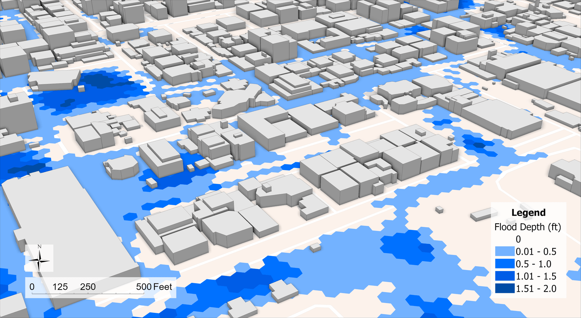 GeoSWMM 2D Urban Flood & Risk Assessment Urban flood map from GeoSWMM 2D model results for climate resilience and infrastructure risk assessment