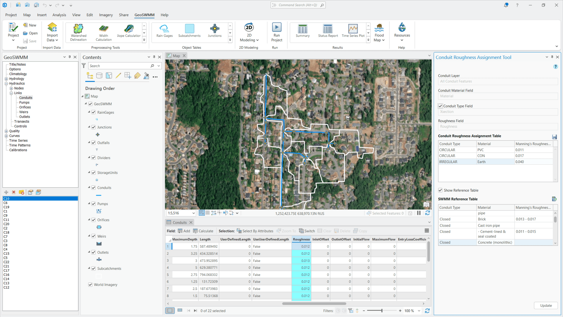 GeoSWMM Conduit Roughness Assignment Tool GeoSWMM tool interface for assigning conduit roughness values in stormwater network modeling within ArcGIS Pro