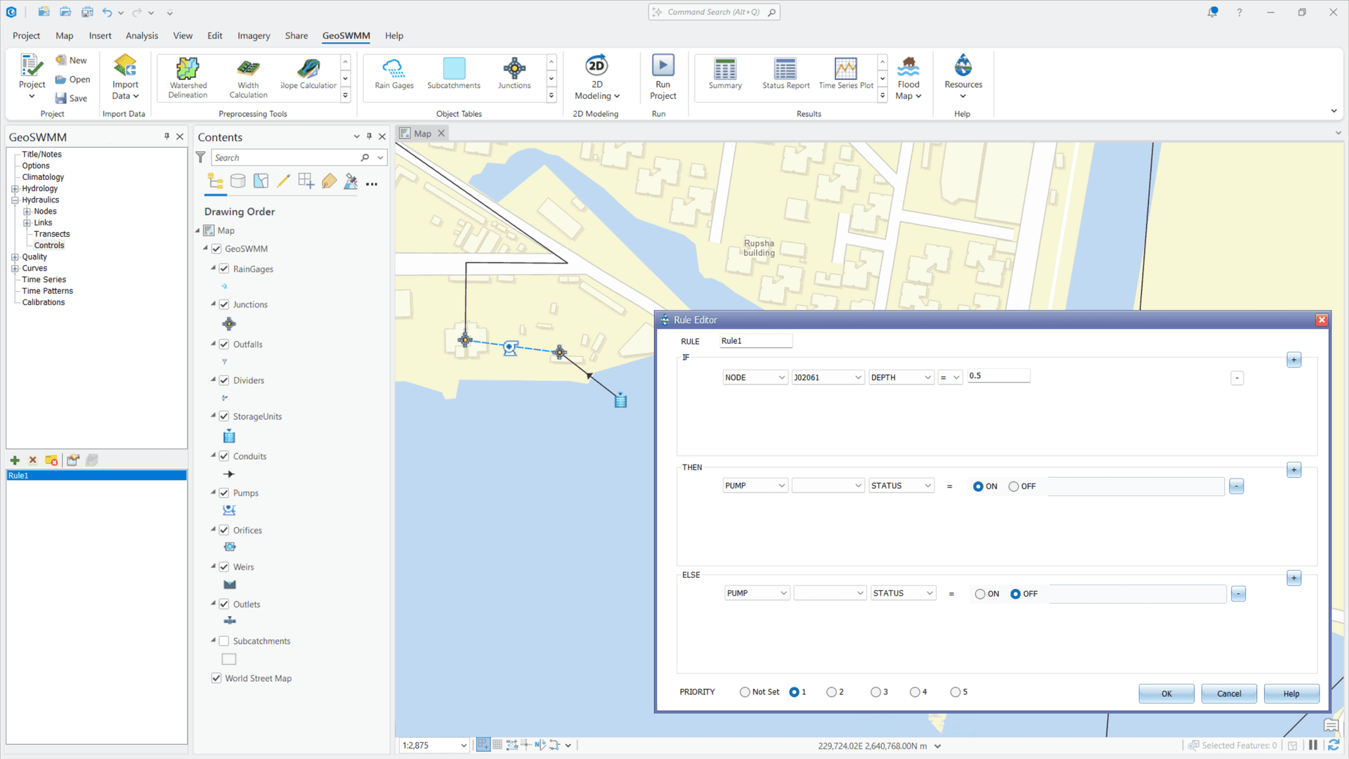 GeoSWMM Control Editor Tool GeoSWMM interface in ArcGIS Pro showing the Control Editor for defining operational rules and system controls in stormwater modeling