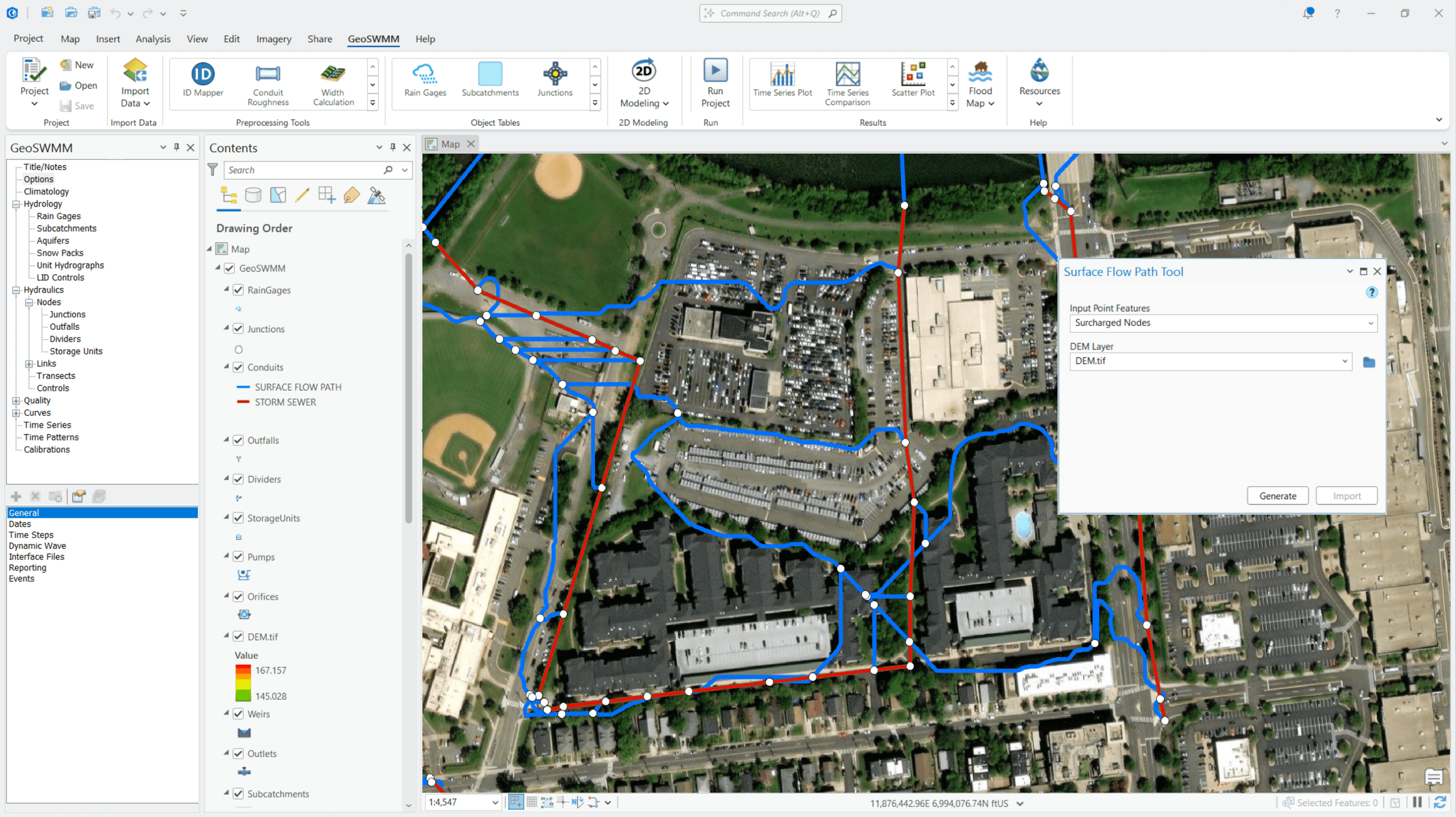 GeoSWMM Dual Drainage Simulation Dual drainage modeling in GeoSWMM using the Surface Flow Path tool to represent surface and sewer flow