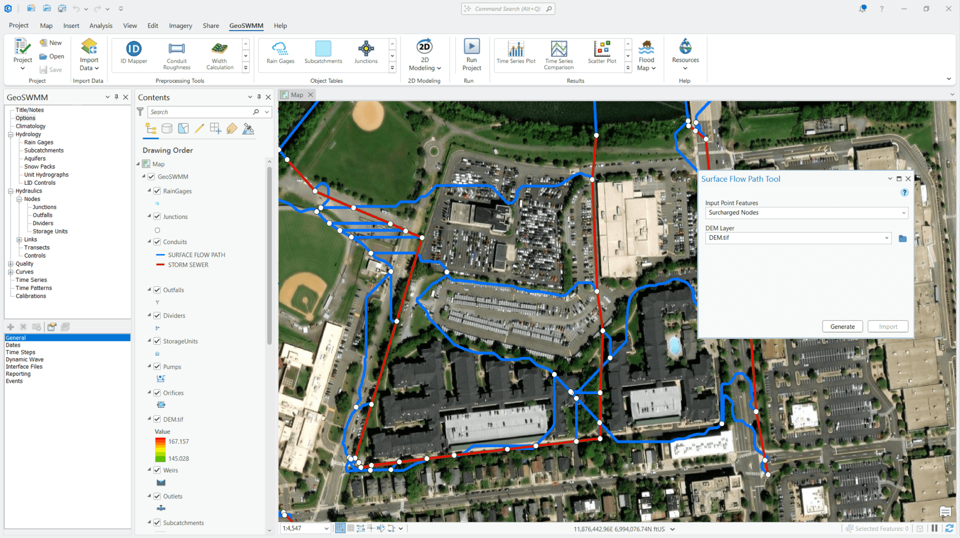 GeoSWMM Dual Drainage Simulation Dual drainage modeling in GeoSWMM using the Surface Flow Path tool to represent surface and sewer flow