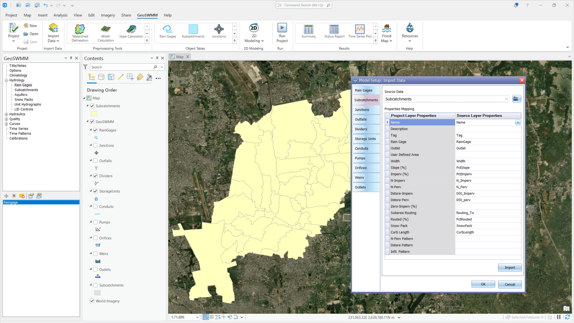 GeoSWMM Import GIS Data Tool GeoSWMM Import Data Tool in ArcGIS Pro for attribute mapping and importing GIS datasets