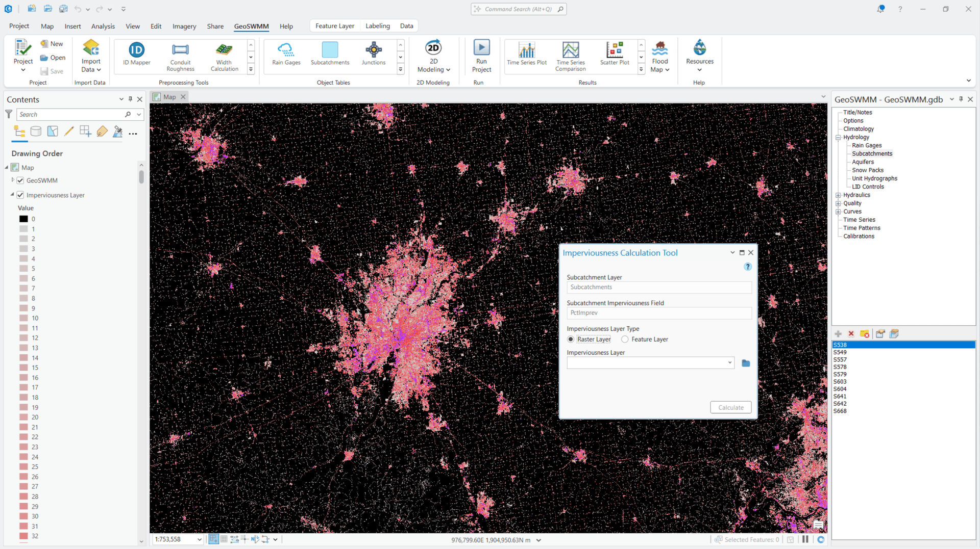 GeoSWMM Imperviousness Calculation Tool GeoSWMM interface calculating impervious surface areas for subcatchments in ArcGIS Pro