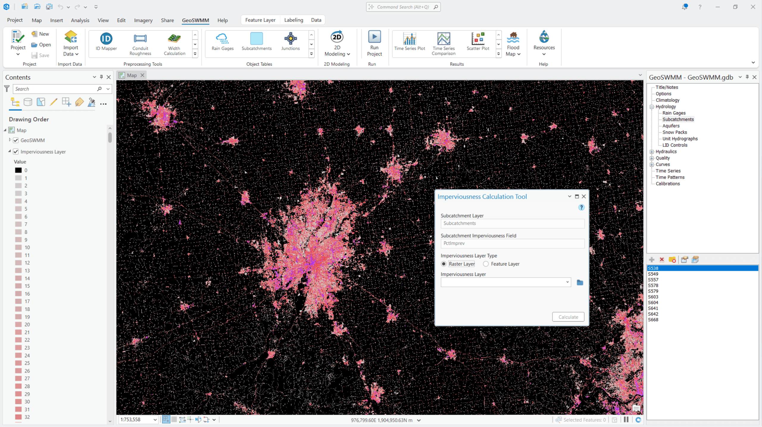 GeoSWMM Imperviousness Calculation Tool GeoSWMM interface calculating impervious surface areas for subcatchments in ArcGIS Pro