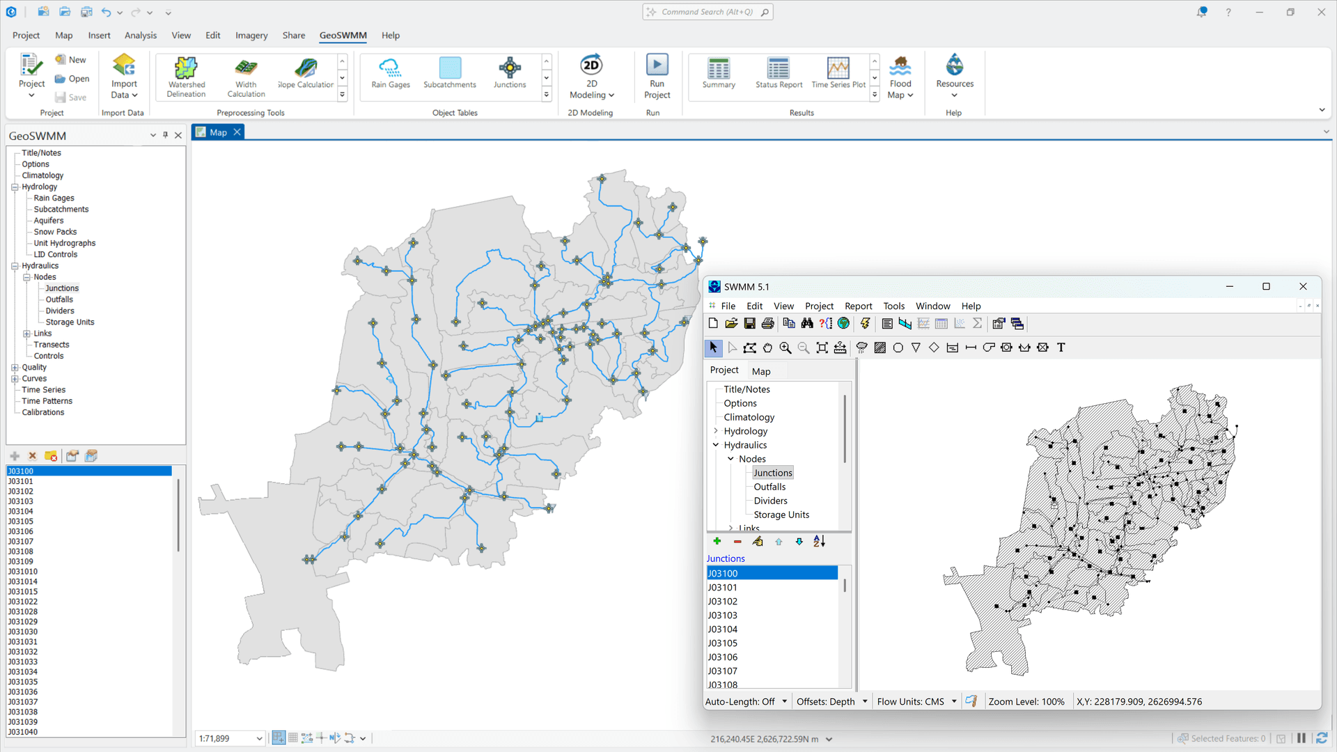 Import EPA SWMM Model into GeoSWMM GeoSWMM interface in ArcGIS Pro importing an EPA SWMM model for urban stormwater modeling and analysis