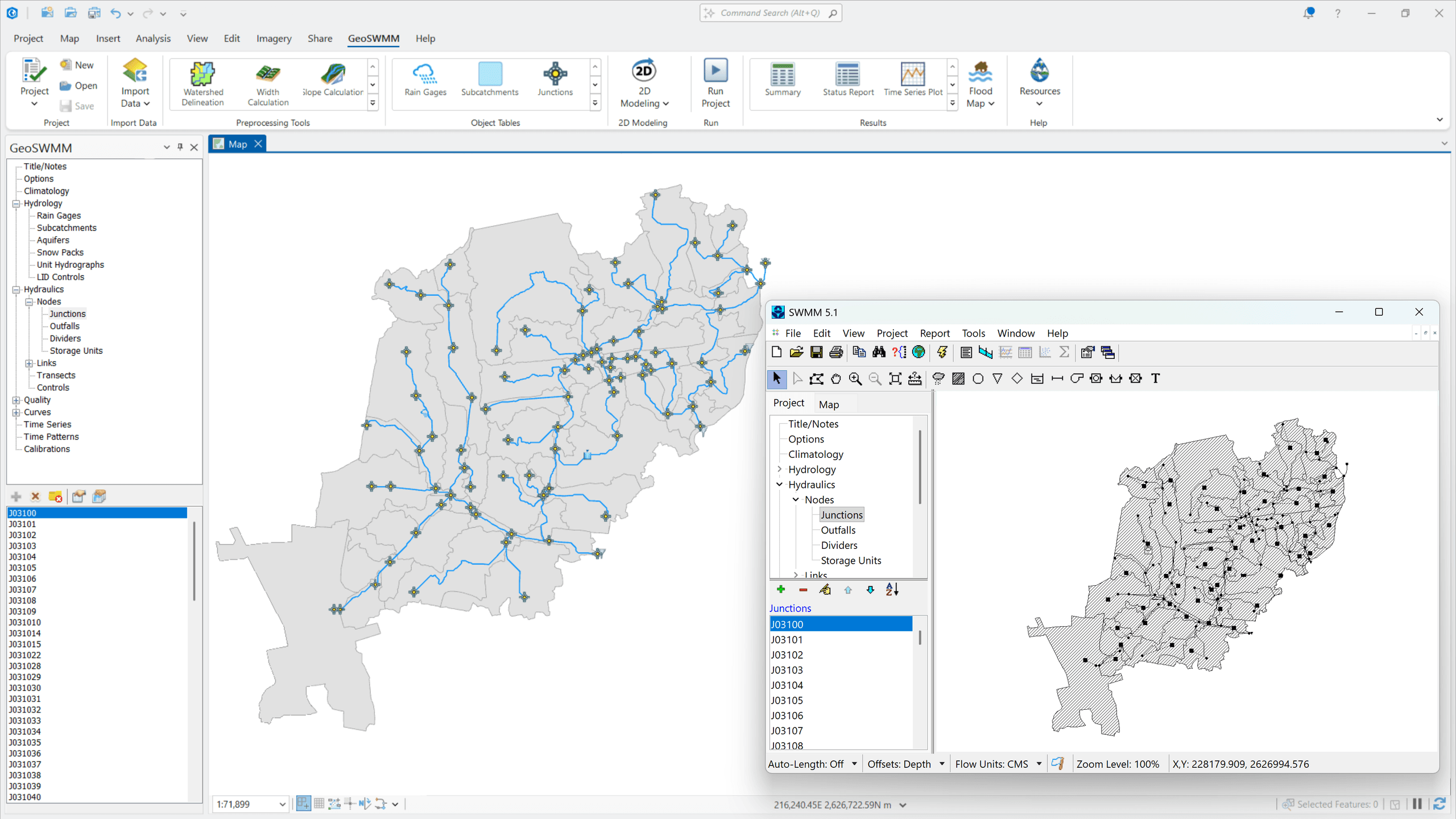 Import EPA SWMM Model into GeoSWMM GeoSWMM interface in ArcGIS Pro importing an EPA SWMM model for urban stormwater modeling and analysis