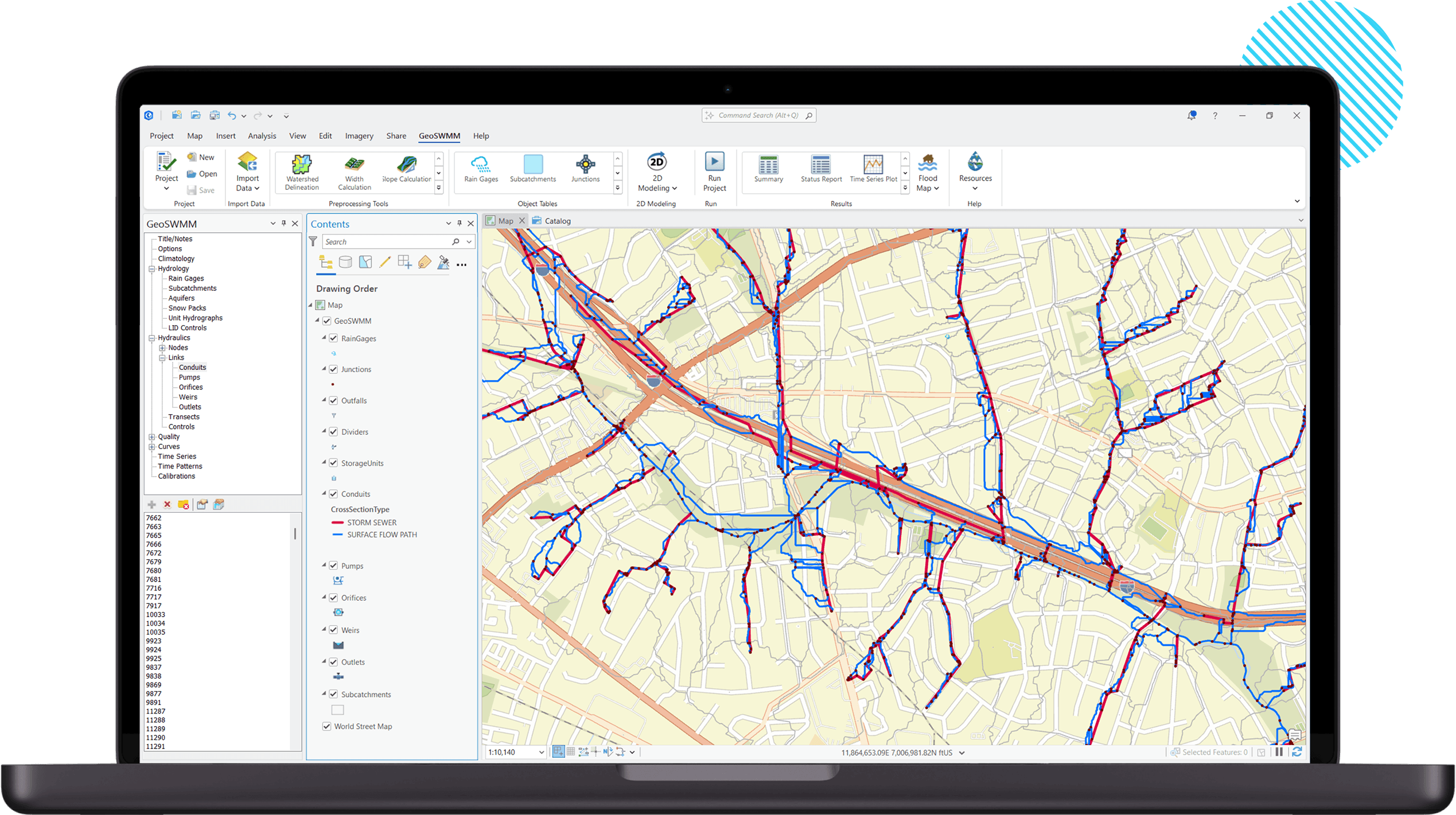 Seamless Stormwater Modeling with GeoSWMM GeoSWMM software interface used for stormwater management and flood analysis in ArcGIS Pro