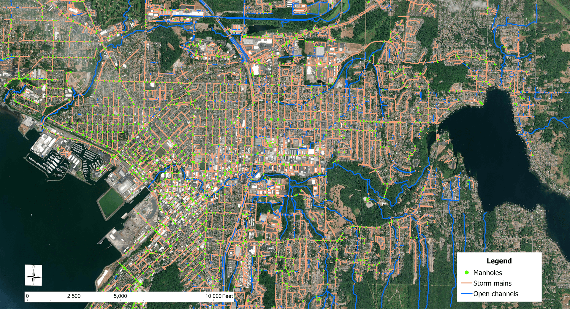 Integrated Stormwater Infrastructure Modeling with GeoSWMM Stormwater and watershed modeling in ArcGIS Pro using GeoSWMM, showing urban drainage networks and stormwater infrastructure