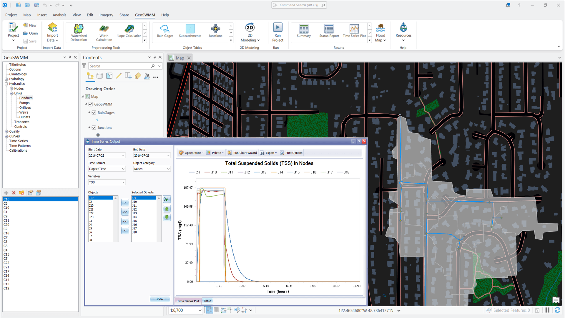 GeoSWMM Water Quality & TSS Analysis GeoSWMM water quality modeling showing pollutant transport and total suspended solids time series in an urban watershed