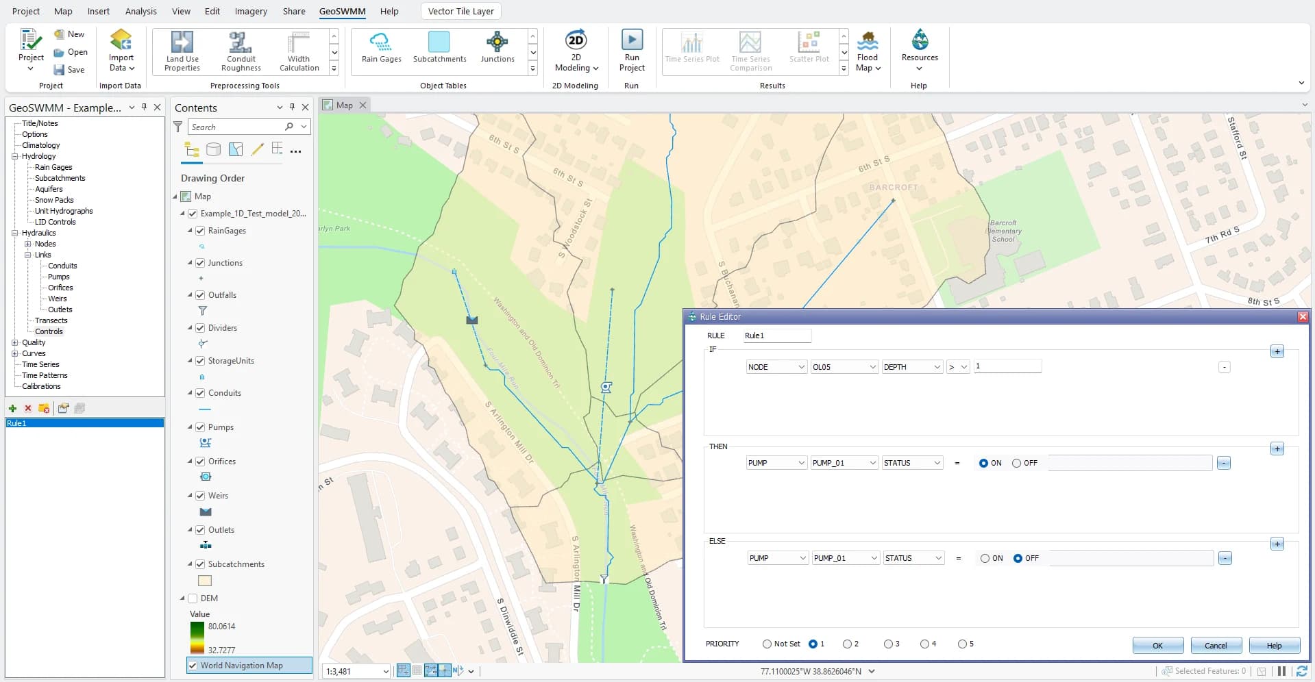 GeoSWMM Control Editor Tool GeoSWMM interface in ArcGIS Pro showing the Control Editor for defining operational rules and system controls in stormwater modeling