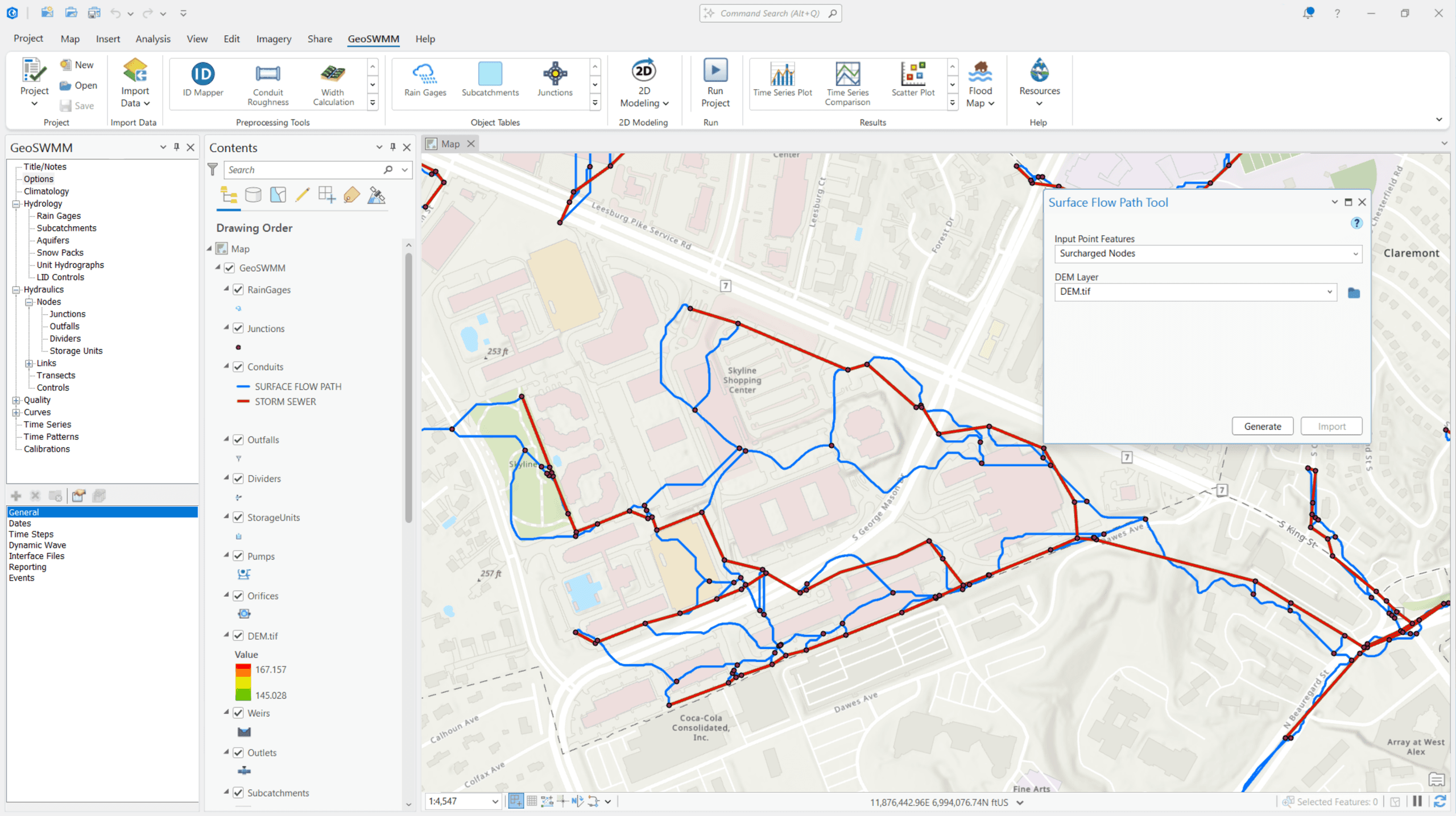 Dual Drainage Modeling with GeoSWMM with Surface Flow Path Generation Tool Surface Flow Path map generated with GeoSWMM tool in ArcGIS Pro for Dual Drainage Stormwater Modeling