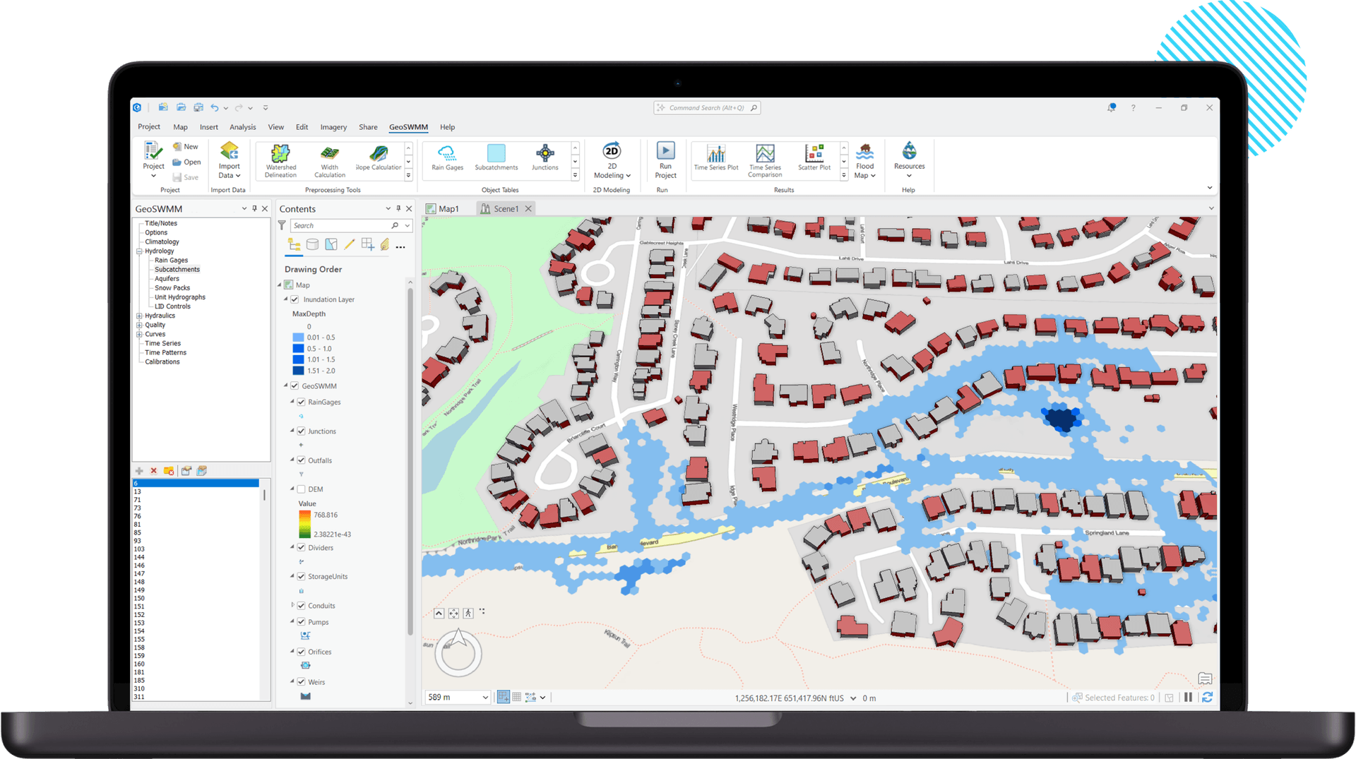 GeoSWMM Software for Urban Flood and Stormwater Analysis GeoSWMM software 2D modeling with building-level flood depth classification