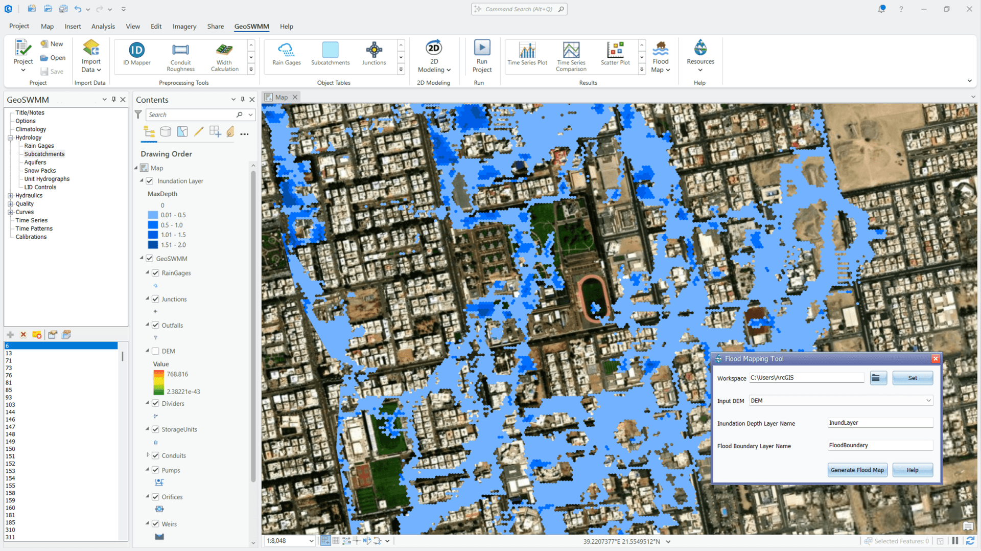 Flood mapping in GeoSWMM GeoSWMM tool in ArcGIS Pro for generating floodplain maps and visualizing inundation extents