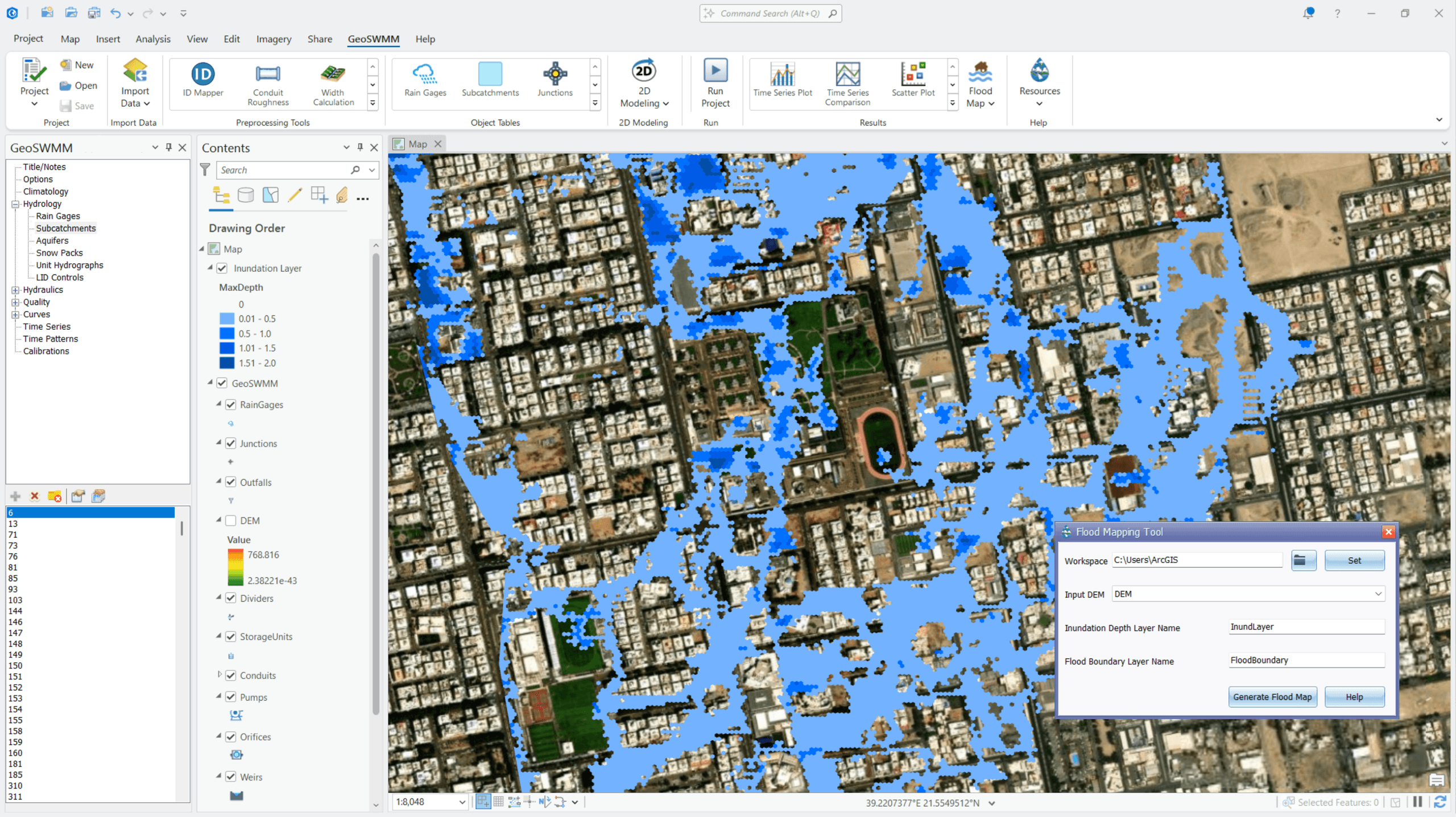 Flood mapping in GeoSWMM GeoSWMM tool in ArcGIS Pro for generating floodplain maps and visualizing inundation extents