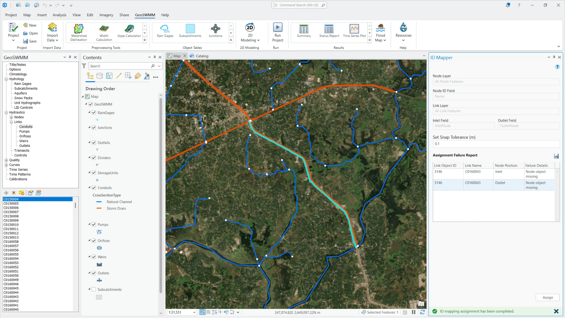GeoSWMM ID Mapper Tool GeoSWMM interface showing the ID Mapper Tool for linking stormwater network elements in ArcGIS Pro