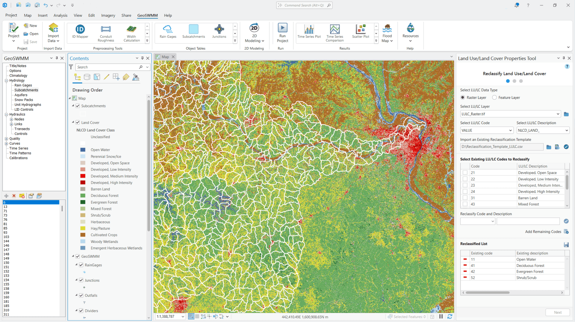 GeoSWMM Land Use Properties Tool GeoSWMM tool interface for calculating Manning's roughness and depression storage values from land use data in ArcGIS Pro