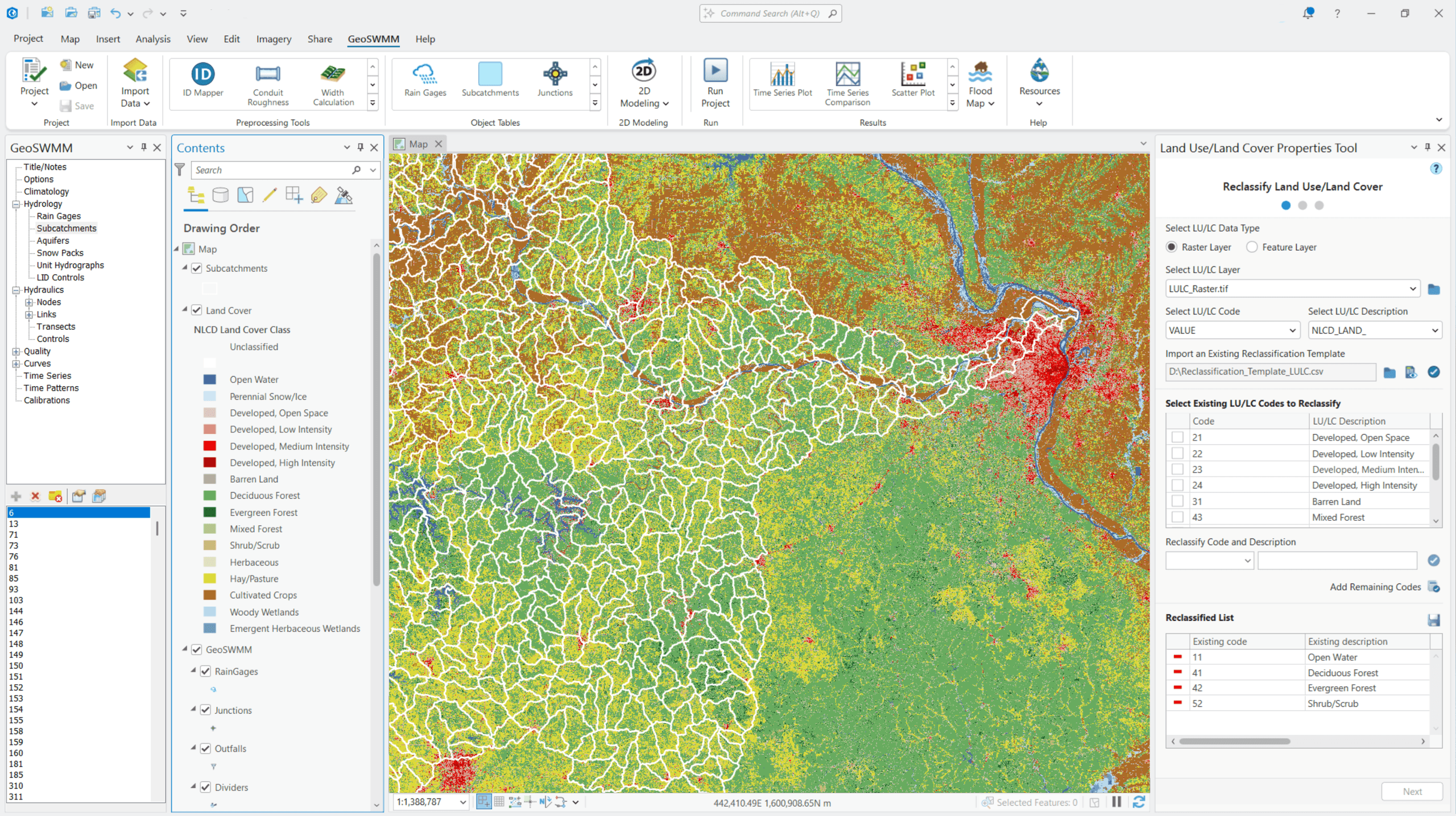 GeoSWMM Land Use Properties Tool GeoSWMM tool interface for calculating Manning's roughness and depression storage values from land use data in ArcGIS Pro