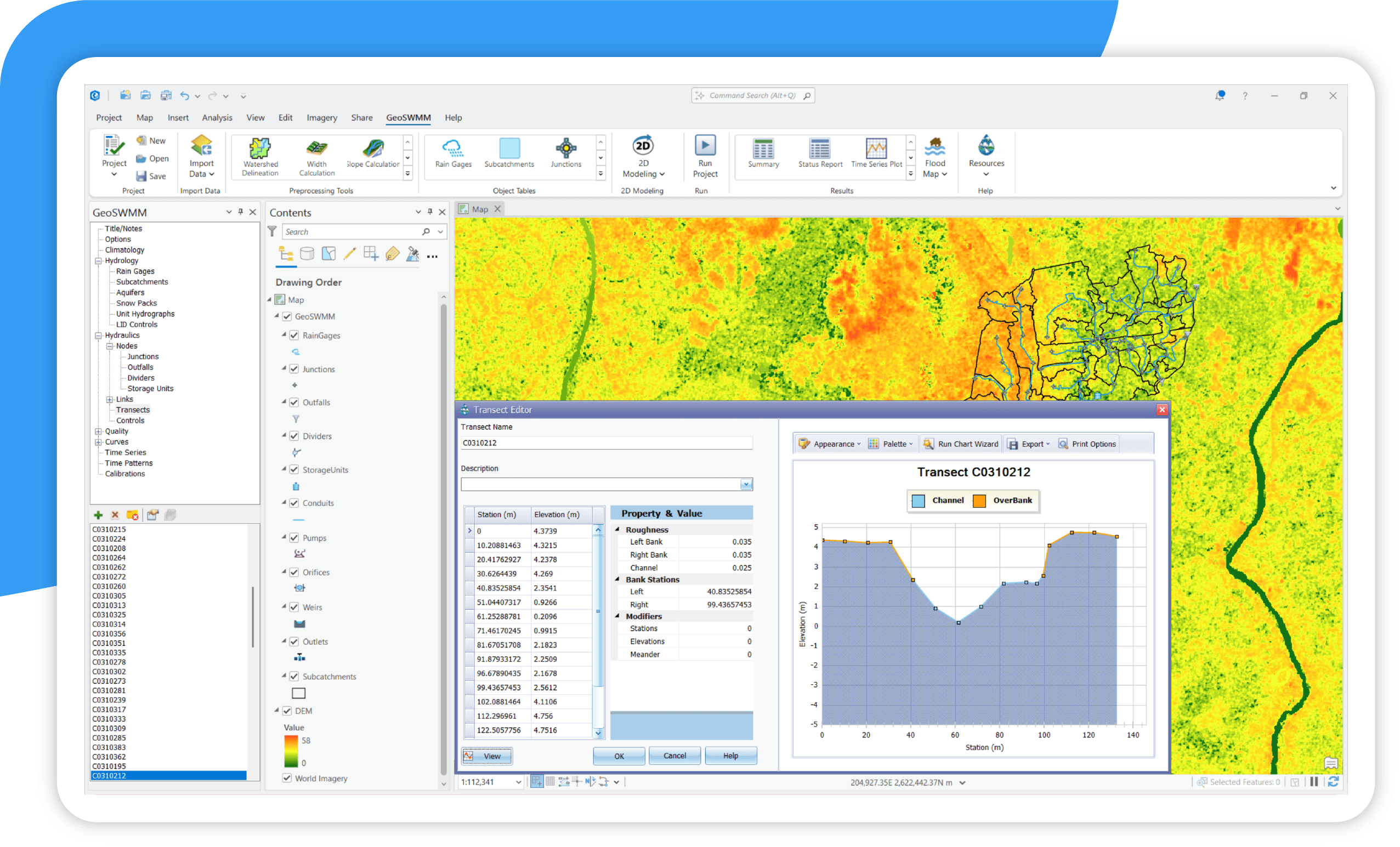 Faster Stormwater Modeling with GeoSWMM GeoSWMM interface within ArcGIS Pro illustrating stormwater modeling results and performance metrics
