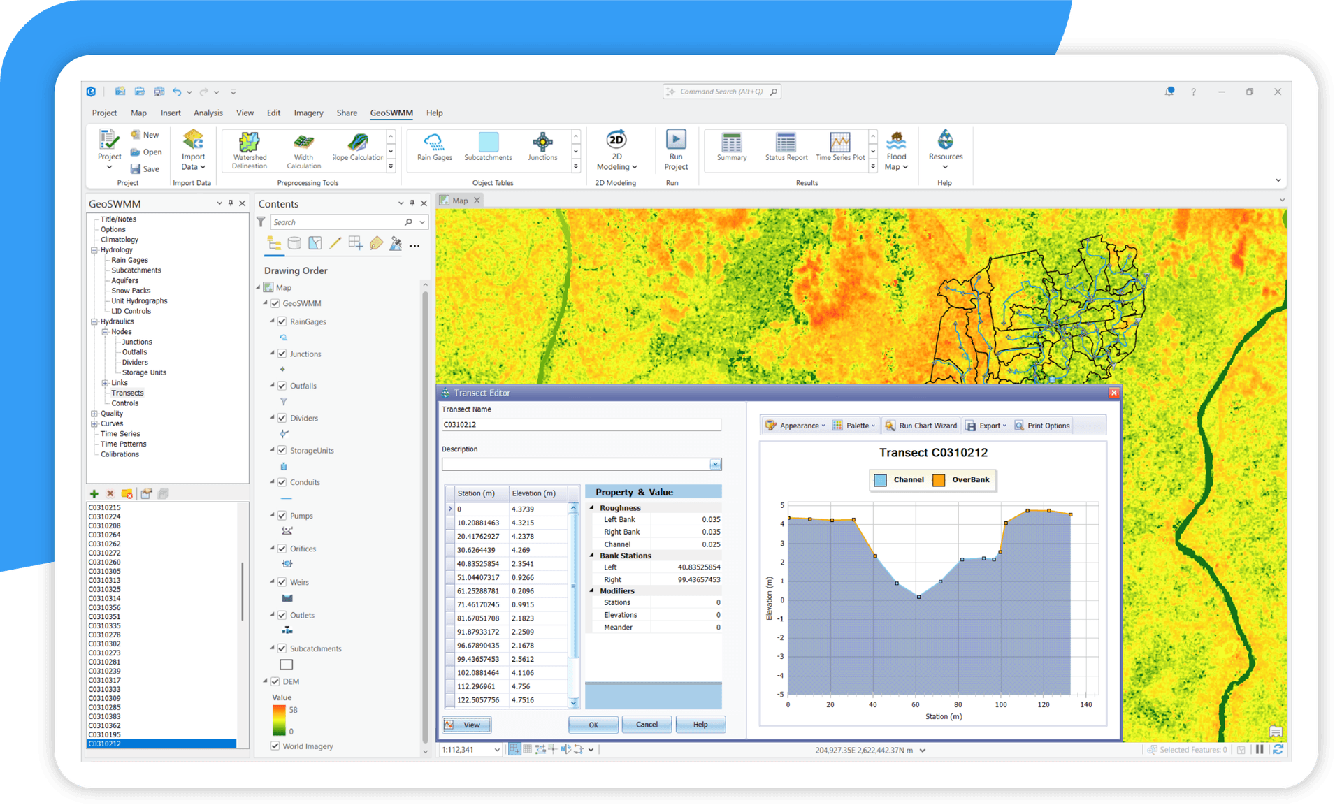 Faster Stormwater Modeling with GeoSWMM GeoSWMM interface within ArcGIS Pro illustrating stormwater modeling results and performance metrics