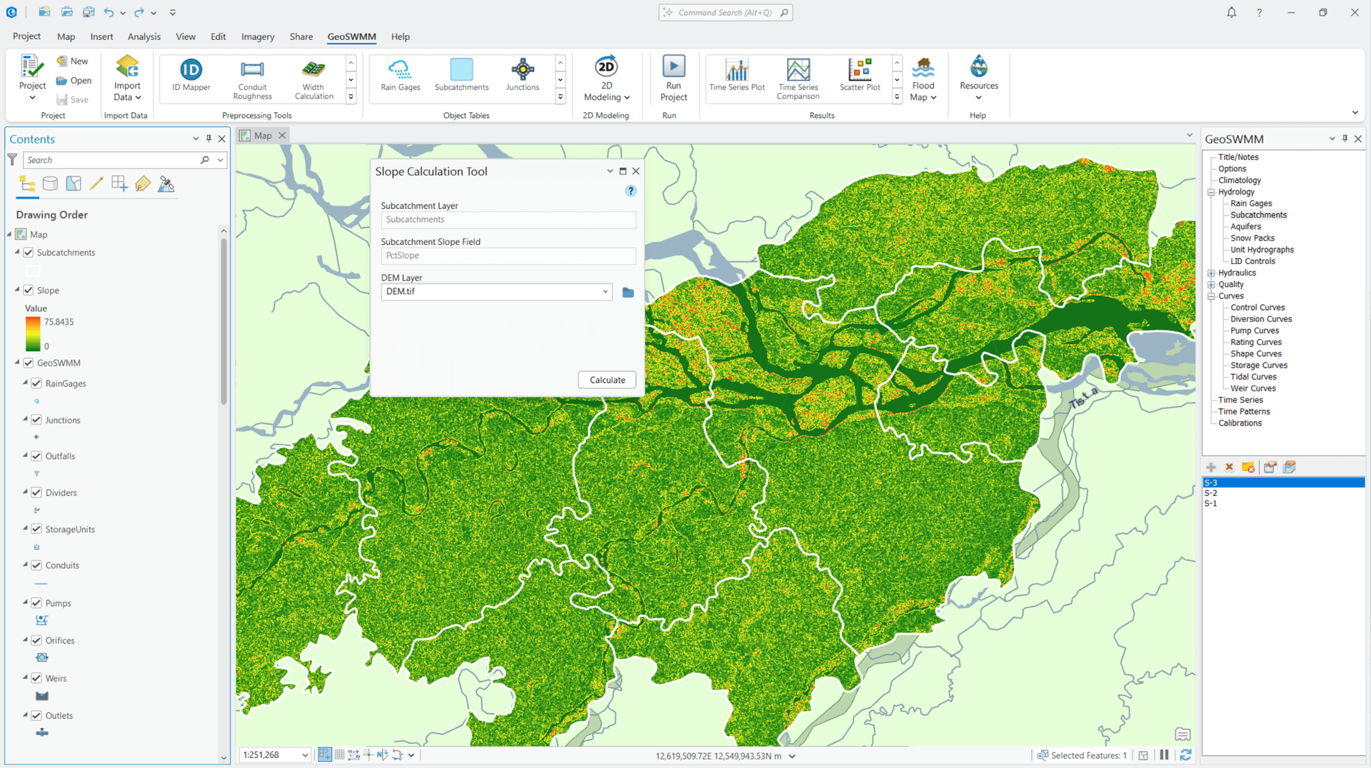 GeoSWMM Slope Calculation Tool GeoSWMM tool in ArcGIS Pro for calculating subcatchment slopes from DEM data for hydrologic modeling