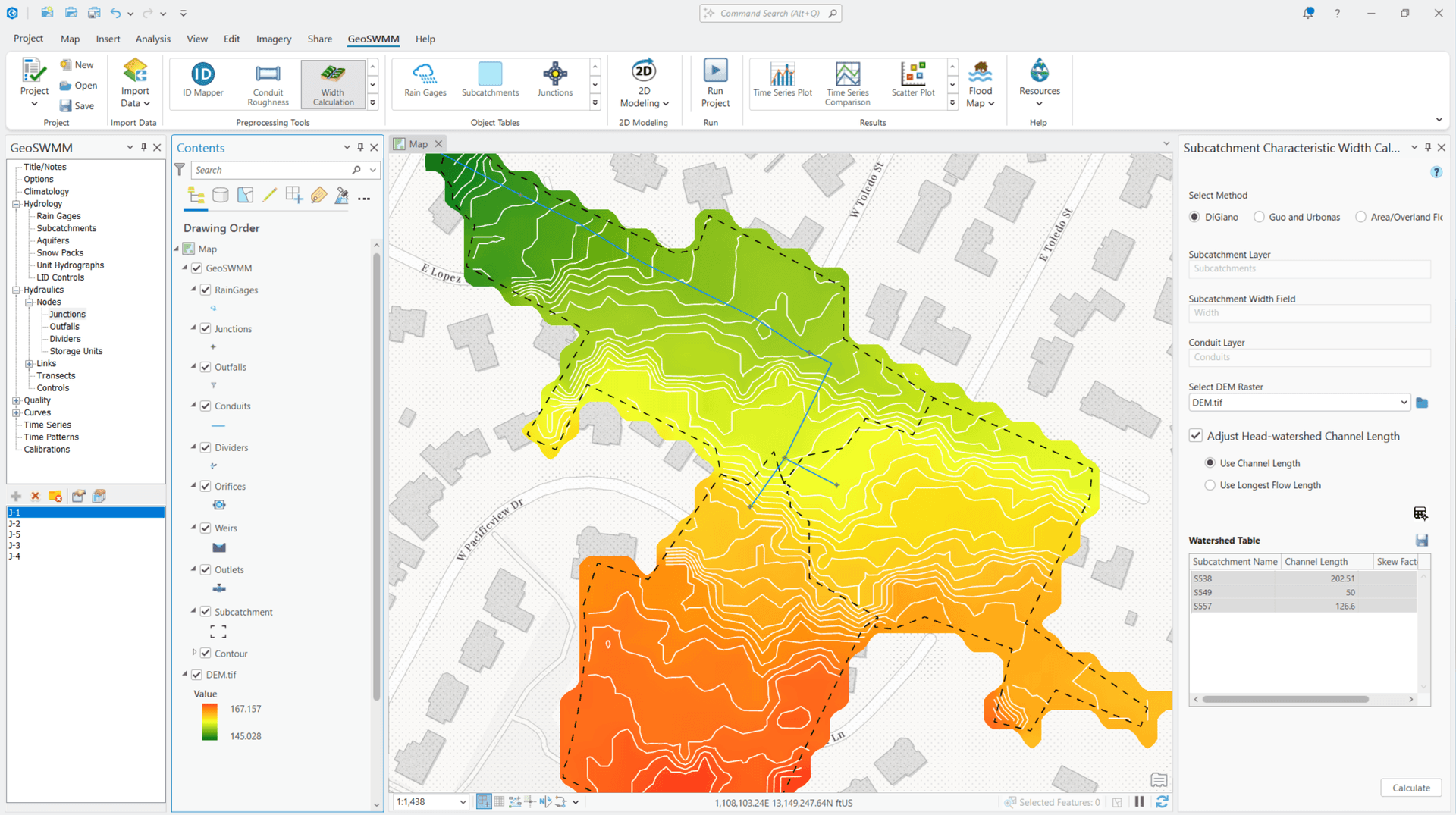 GeoSWMM Subcatchment Characteristics Width Tool GeoSWMM tool for calculating subcatchment width characteristics for hydrologic modeling in ArcGIS Pro