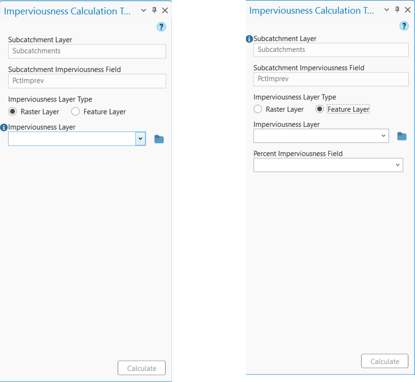 Figure 6.22 : Subcatchment Imperviousness Calculation Tool window; a) For Raster Input, b) For Feature Layer Input