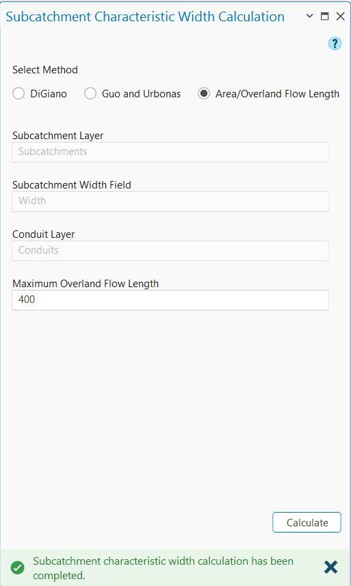 Figure 6.27 : Subcatchment Characteristic Width Calculation Tool window using Area/Over Land Flow method