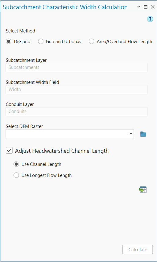 Figure 6.28 : Subcatchment Characteristic Width Calculation Tool window using DiGiano method