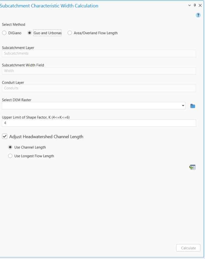 Figure 6.30 : Subcatchment Characteristic Width Calculation Tool window using Guo and Urbonas method
