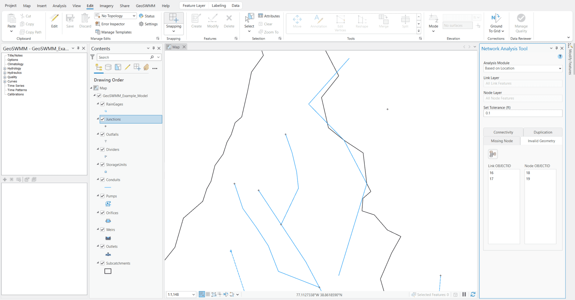 Figure 6.31 : Checking invalid object geometry in the Network Analysis Tool