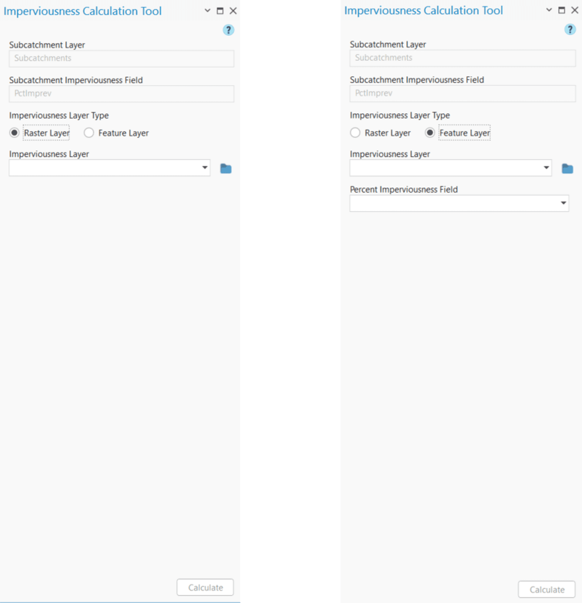 Figure 6.32 : Subcatchment Imperviousness Calculation Tool window; a) For Raster Input, b) For Feature Layer Input