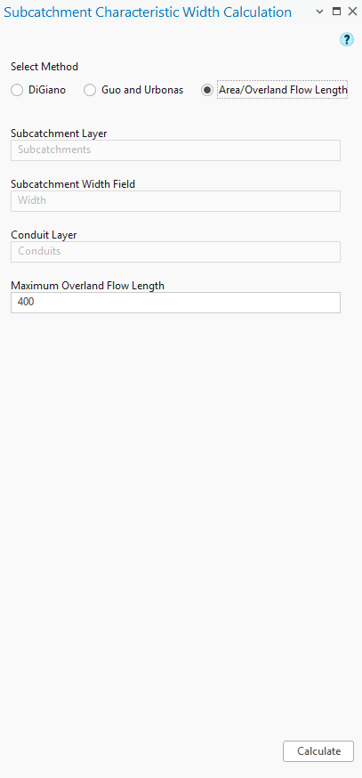 Figure 6.37 : Subcatchment Characteristic Width Calculation Tool window using Area/Over Land Flow method
