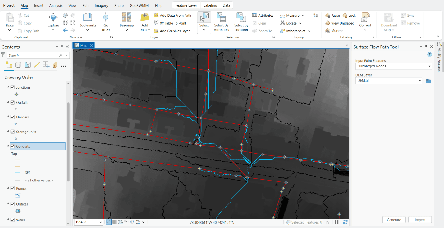 Figure 6.41: Man-made Conduits and Surface Flow Paths Presented Together