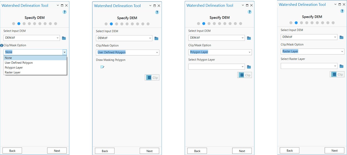Figure 6.6: Different Clipping options for DEM