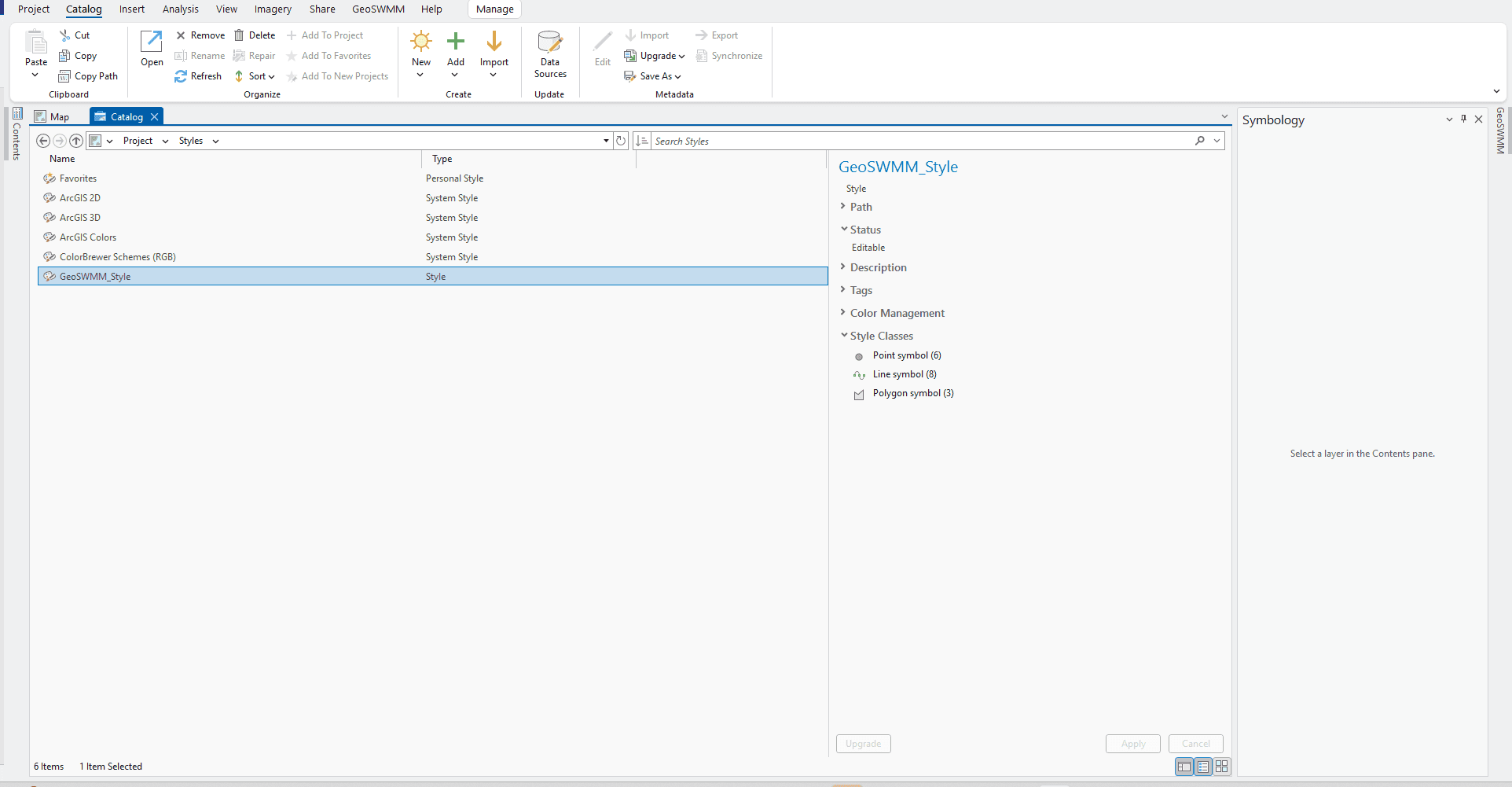 Fig 71: Style Manager window with the added GeoSWMM Style
