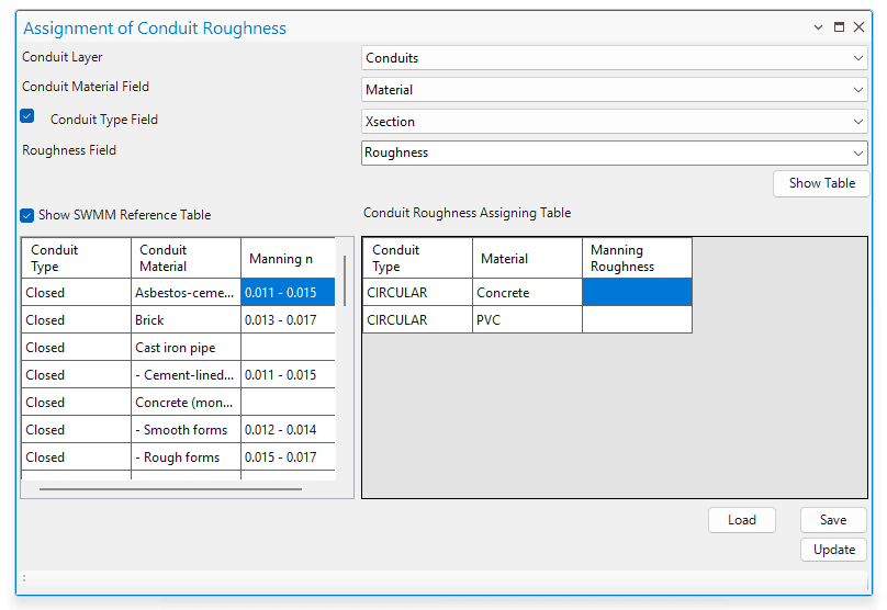 Fig.110: Conduit Roughness Assigning Tool window
