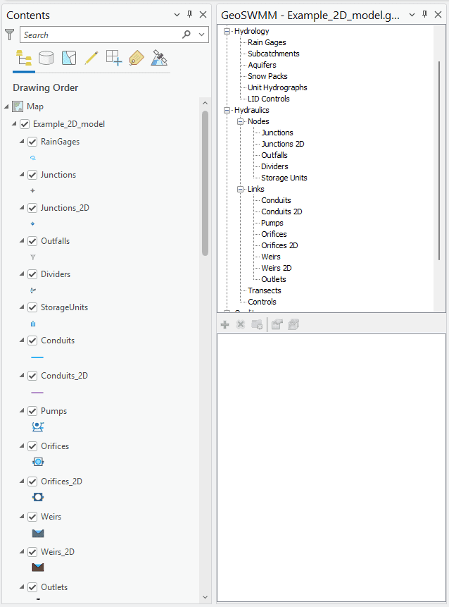 Fig.143: GeoSWMM Model Object Panel and Layers list in TOC for 2D Modeling