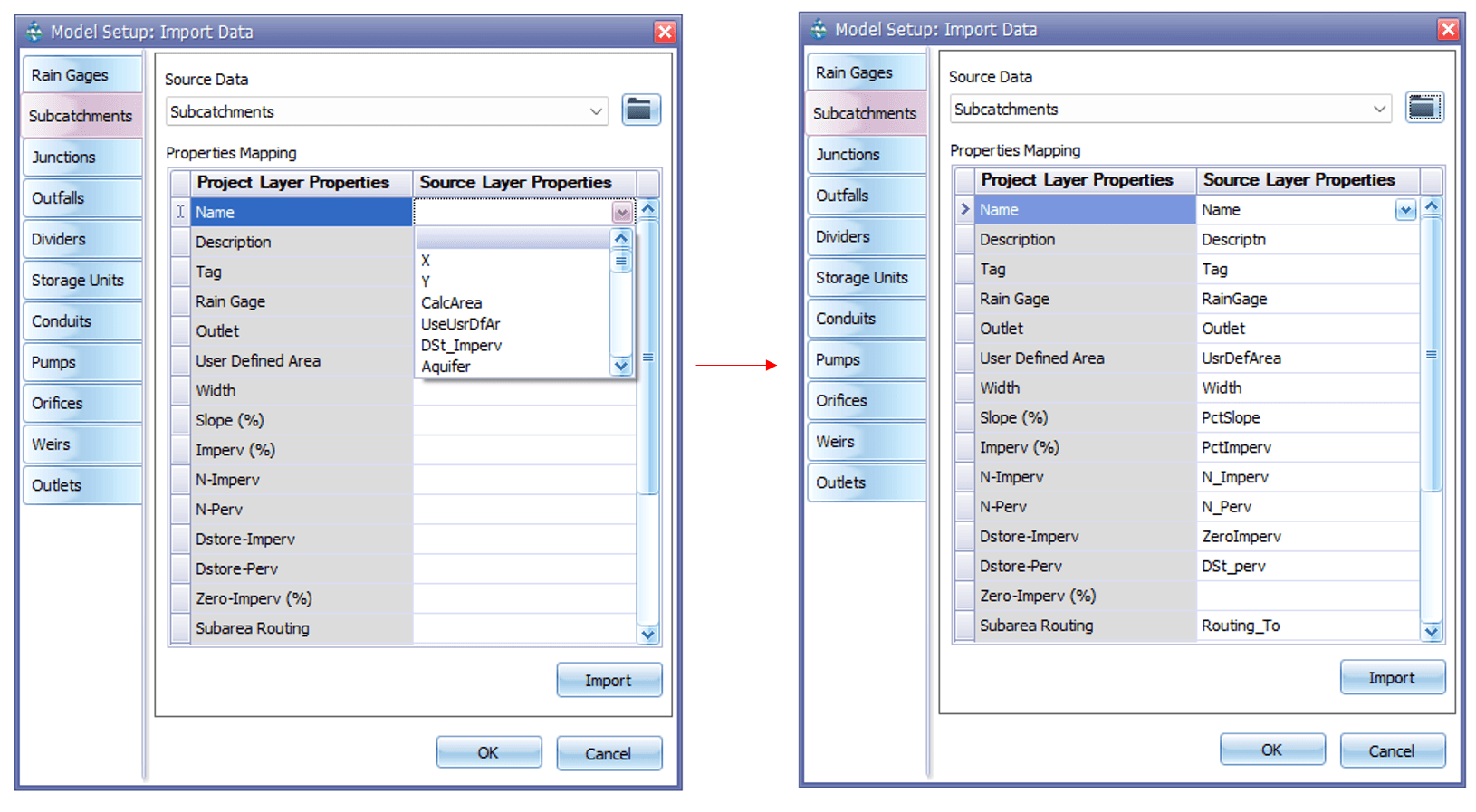 Fig 62: Attribute mapping windows in GeoSWMM