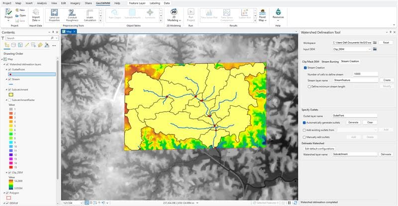 Fig.89: Delineated subcatchment boundaries with the Streams and Outlets