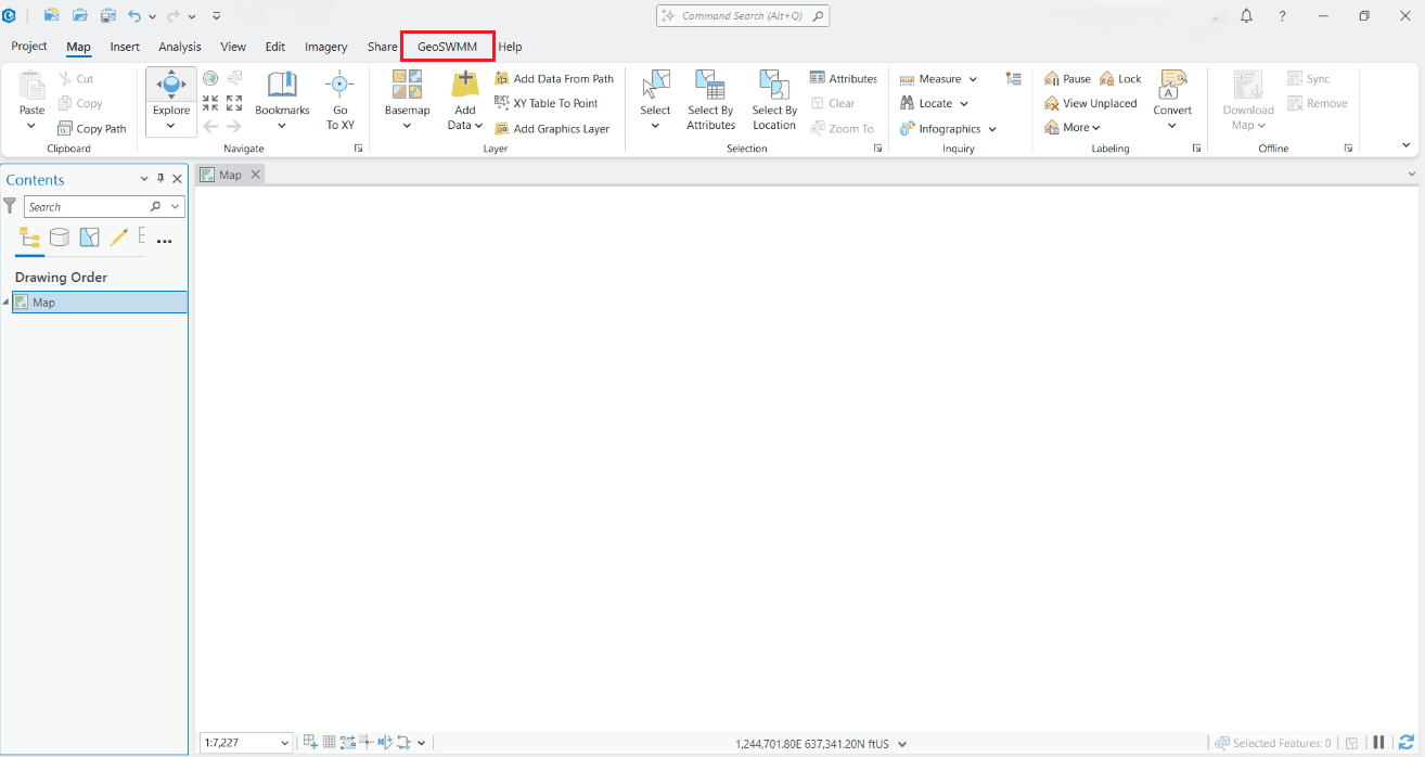 Figure 1.7 : ArcGIS Pro Interface with new “GeoSWMM” Section.png