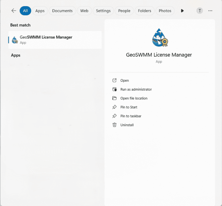 Figure 1.9 GeoSWMM License Manager in Start Menu