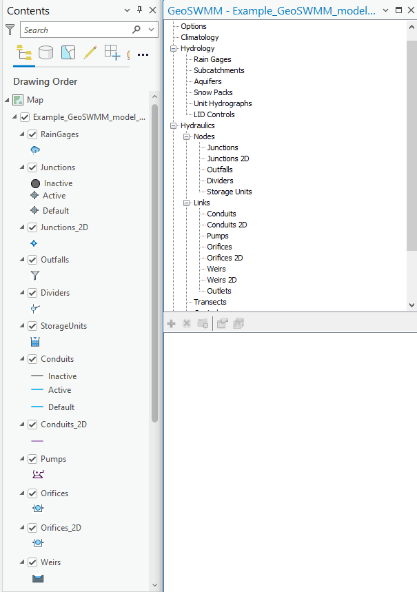 Figure 11.4 : GeoSWMM Model Object Panel and Layers list in TOC for 2D Modeling
