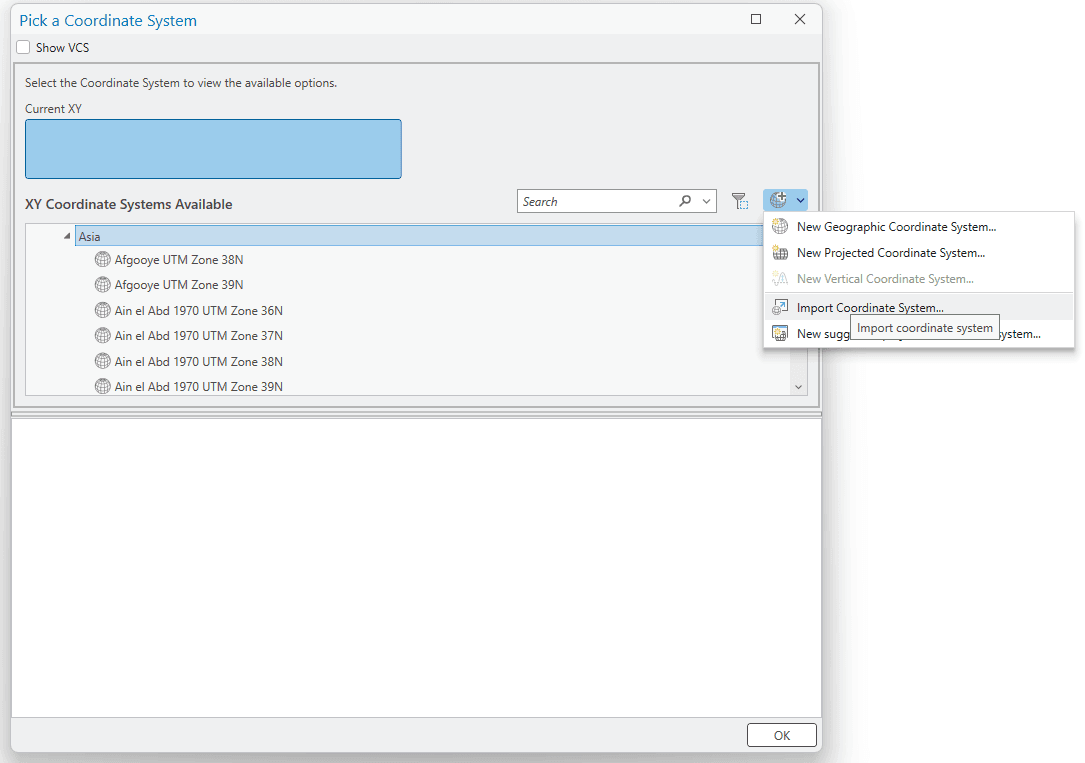 Figure 2.7 : Project coordinate import window