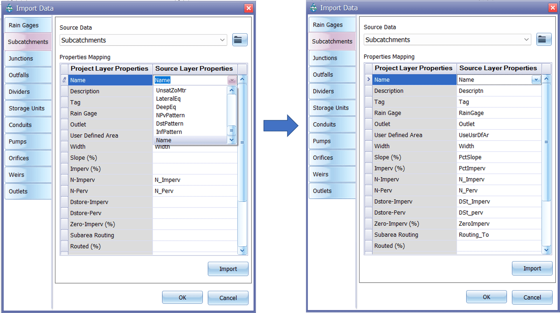 Figure 4.6 : Attribute mapping windows in GeoSWMM