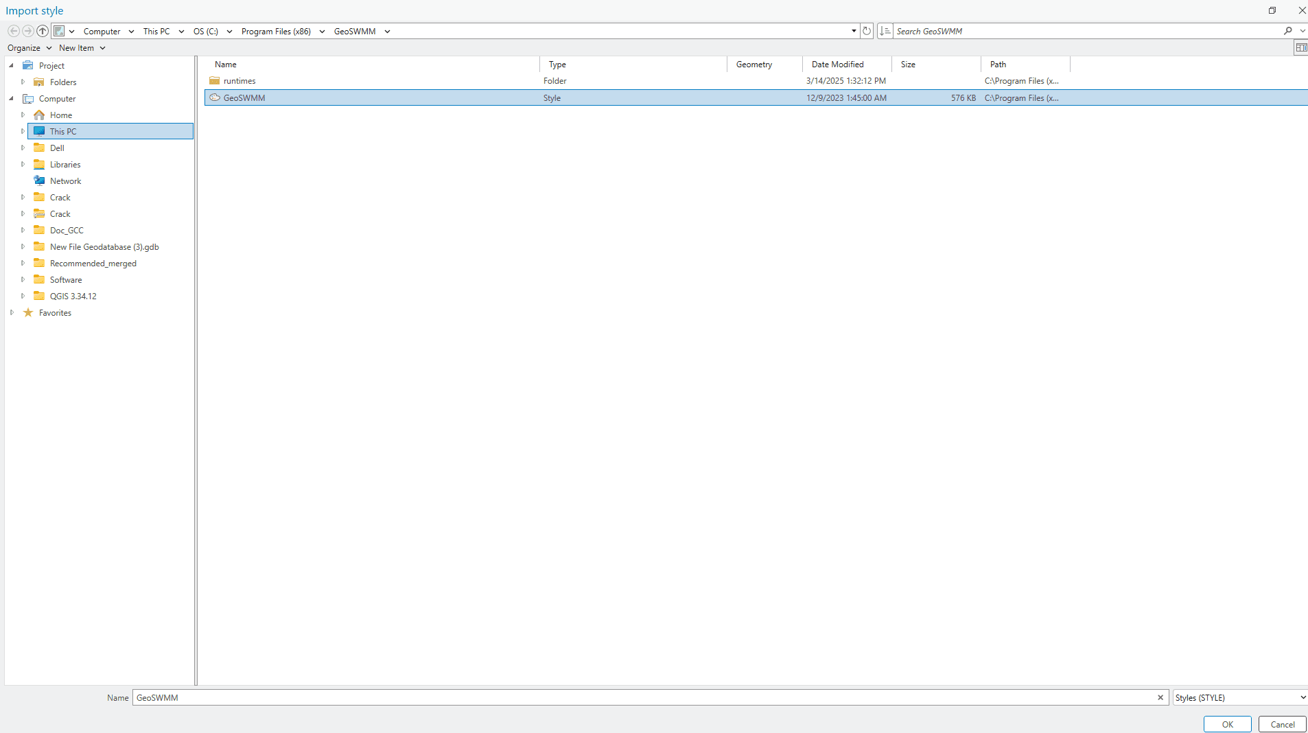 Figure 5.5 : Adding GeoSWMM Style from the GeoSWMM installation folder