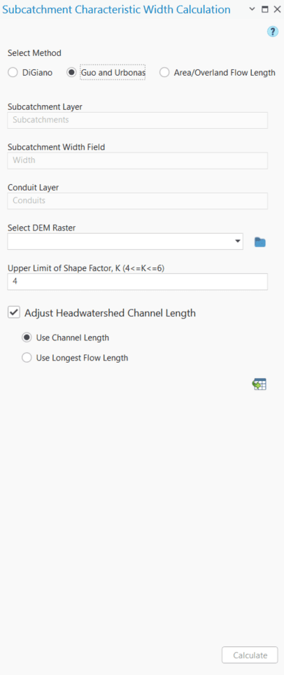 Figure 6.40 : Subcatchment Characteristic Width Calculation Tool window using Guo and Urbonas method